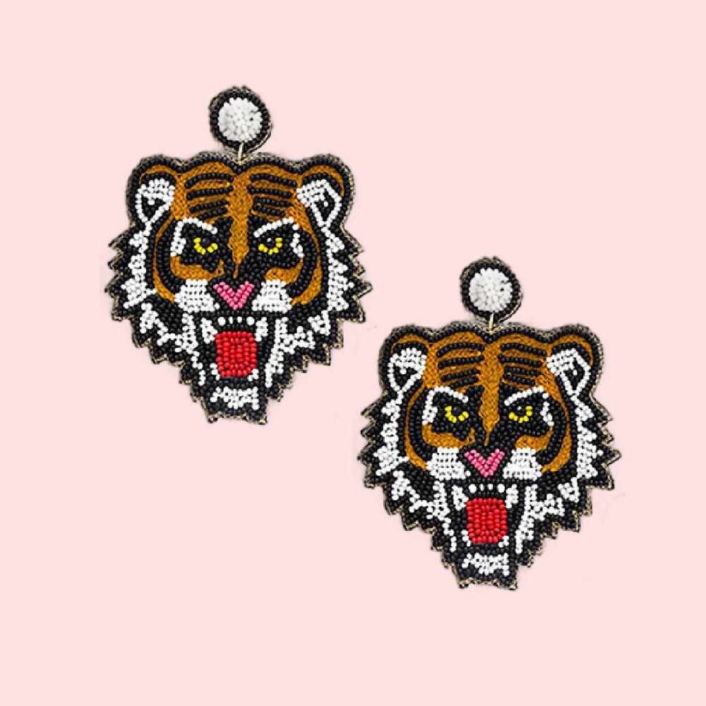 Embroidered and Beaded Team Mascot Tiger Animal Statement Earrings